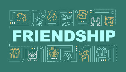 Friendship word concepts banner. Soulmate relationships. Interpersonal communication. Infographics with linear icons on emerald background. Isolated typography. Vector outline RGB color illustration