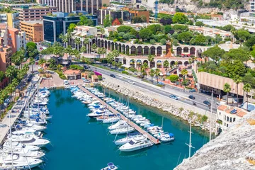 Fotobehang Formule 1 Panoramic view of Fontvieille and harbor with boats, luxury yachts in principality of Monaco, southern France  © lara-sh