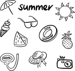 black summer icons, sunglasses, hat, camera, sun, ice cream, mask and circle for swimming, pineapple, Doodle style umbrella, for stickers, accessories, scrapbooking, party, beach sign