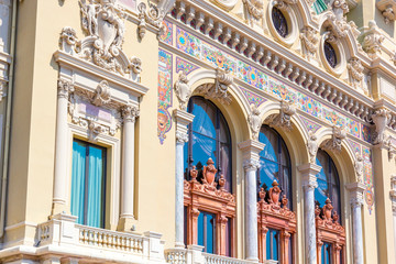 Decoration elements, part of building of beautiful Monte Carlo casino in principality of Monaco, southern France