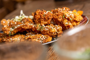Crispy Fried chicken with sauces and spices 