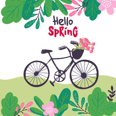 spring, summer. Bicycle with flower, tulps in forest landscape trendy flat style. background plants, leaves and forest landscape, for banner, greeting card, poster , advertising. Vector illustration
