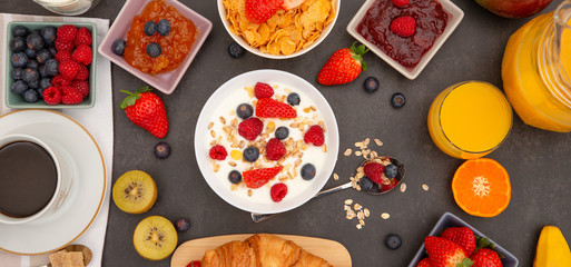 Breakfast Served in the morning with Butter croissant and corn flakes Whole grains and raisins with...