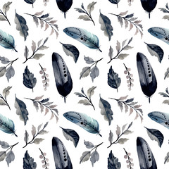 feather leaves watercolor seamless pattern
