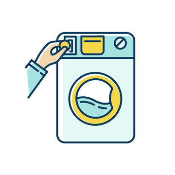 recommend clip art: Self-service laundry blue and yellow RGB color icon. Laundromat, washateria, commercial washer, coin wash service, industrial laundry machine. Housework, chores. Isolated vector illustration