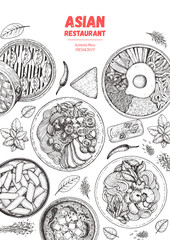 Asian cuisine sketch collection. Hand drawn vector illustration. Food menu design template, engraved elements. Mediterranean food set.