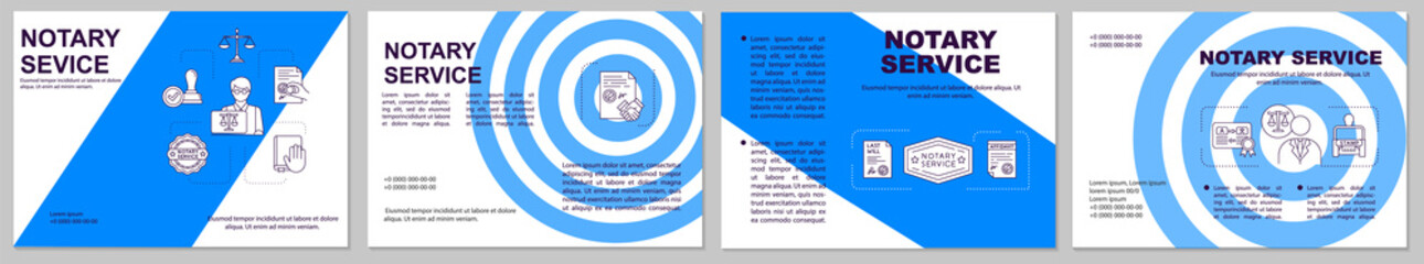 Notary service brochure template. Notarial support. Authentification. Flyer, booklet, leaflet print, cover design with linear icons. Vector layouts for magazines, annual reports, advertising posters