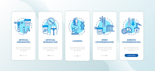 Artificial reproduction onboarding mobile app page screen with concepts. Reproductive technology walkthrough 5 steps graphic instructions. UI vector template with RGB color illustrations