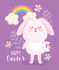 happy easter cute pink rabbit rainbow clouds flowers decoration card