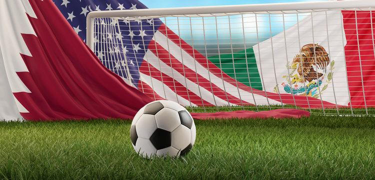 flag of Qatar America Mexico soccer ball and goal 3d-illustration