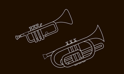 White cornet and trumpet contour illustration on a black background