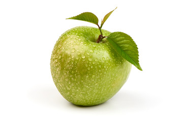 Whole green apple granny smith with leaf, isolated on white background