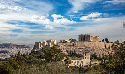 Athens, Greece. Acropolis and Parthenon temple from Philopappos Hill.