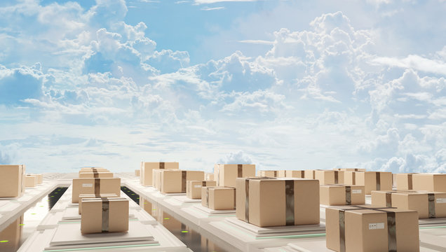 transport logistic packages and cloudy sky 3d-illustration