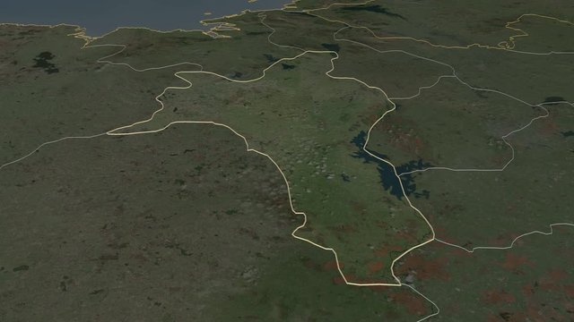Roscommon, county with its capital, zoomed and extruded on the satellite map of Ireland in the conformal Stereographic projection. Animation 3D