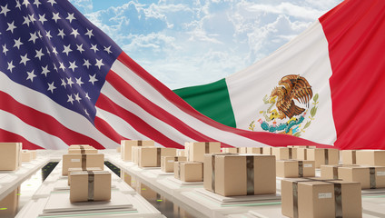 flag of America and Mexico with postal packages logistic center 3d-illustration © wetzkaz