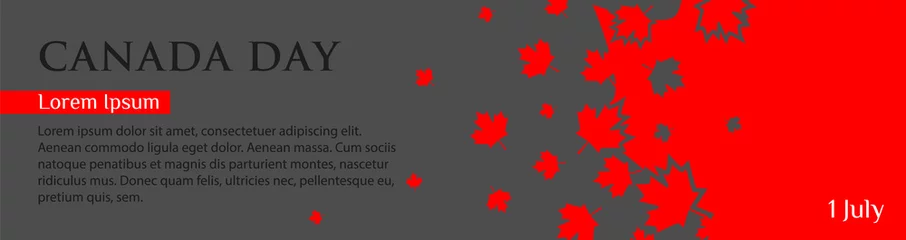 Fotobehang Panoramic banner for Canada Day. Red maple leaves fly on a gray background. Template with place for your text, copy space. Vector illustration © art_rich
