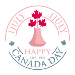 Square banner Happy Canada Day. Bouquet of red maple leaves in a pink vase on a white background. Sign, symbol. Vector illustration