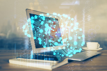 Multi exposure of work table with computer and brain hologram. Brainstorm concept.