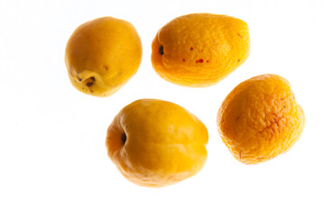 Four dried apricots on white background