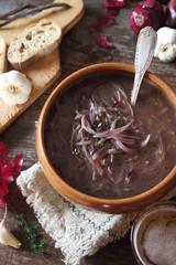French authentic cuisine. Red onion beer soup