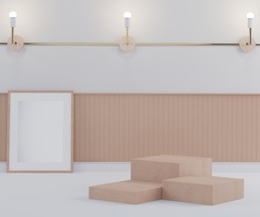 3d Fashion show stage podium decorate with lamp and wall. Empty scene for product show and mock up. background