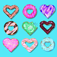 Set of vector heart shaped doughnuts