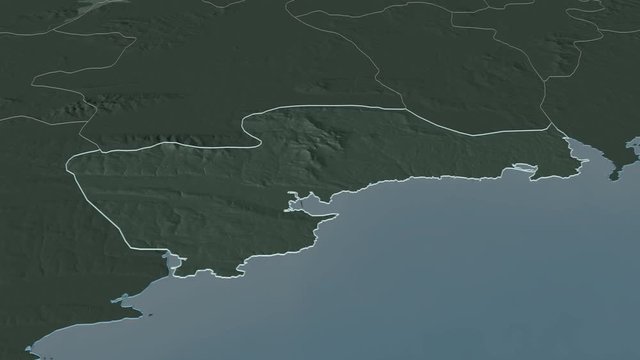 Waterford, county with its capital, zoomed and extruded on the administrative map of Ireland in the conformal Stereographic projection. Animation 3D