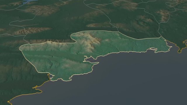 Waterford, county with its capital, zoomed and extruded on the relief map of Ireland in the conformal Stereographic projection. Animation 3D