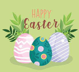 happy easter cute eggs painting with flowers geometric lines