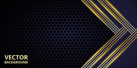 Modern futuristic luxury backdrop. Modern abstract carbon fiber background with golden luminous shapes, stripes and highlights on a carbon mesh.