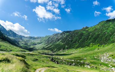 Obraz premium Green river valley canyon wide summer panorama Alpine mountain landscape
