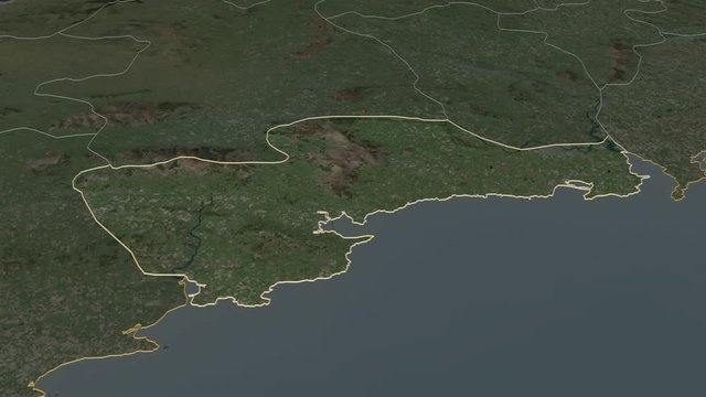 Waterford, county with its capital, zoomed and extruded on the satellite map of Ireland in the conformal Stereographic projection. Animation 3D