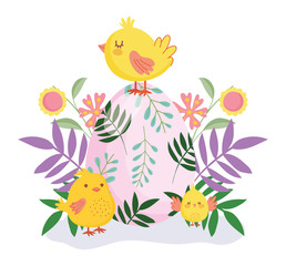 happy easter cute chickens colored egg flowers foliage nature