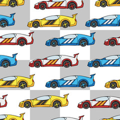 Veelkleurige sportwagens. Zijaanzicht. Grafisch naadloos patroon voor kinderen. Vectorhandtekening. Achtergrond. Textuur.