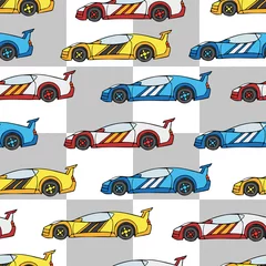 Printed roller blinds Cars Multi-colored sports cars. Side view. Children's graphic seamless pattern. Vector hand drawing. Background. Texture.