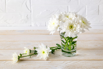 Small modest bouquet of white lush chrysanthemums in a glass vase on a white wooden table. To give flowers and floral home decor. Copy space.