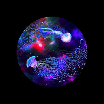 Illustration of fantasy glowing jellyfish in the ocean underwater in galaxy style. Space design for print, bending, poster, card, banner Circle on black futuristic background. Geometric and watercolor