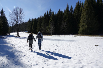 Amoureux qui se promènent dans la neige