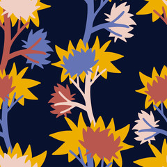Fototapeta na wymiar Modern seamless vector botanical colourful pattern with simple spiky decorative flowers on branches. Can be used for printing on paper, stickers, badges, bijouterie, cards, textiles, kids clothes and 