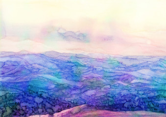 Watercolor landscape mountains. Hand painted background. Textured vibrant artwork illustration