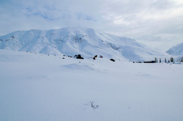 winter landscape with road and blue sky