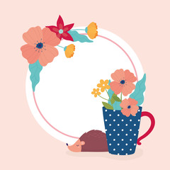 hello spring hedgehog flowers in vase decoration template