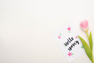 Fototapeta na wymiar Top view of pink tulip near card with hello spring lettering on white background