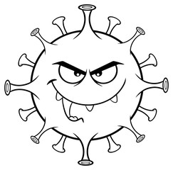 Black And White Angry Coronavirus (2019-nCoV) Cartoon Character of Pathogenic Bacteria. Vector Illustration Isolated On White Background