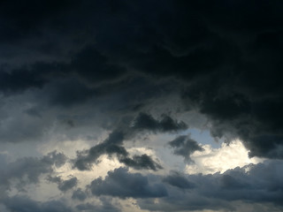 Fototapeta na wymiar Cloudy gray sky with a small gap and a white cloud.
