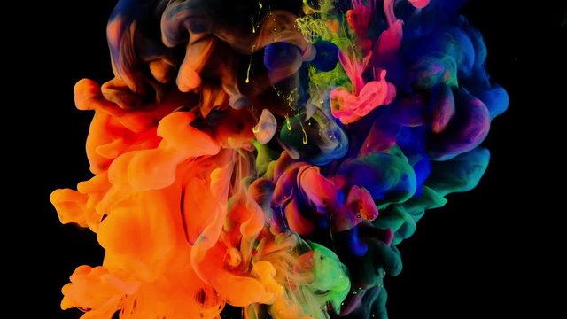 4K, Color drops in water, abstract color mix, drop of Ink color mix paint falling on water Colorful ink in water, 4K footage,