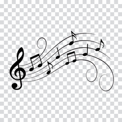 Music notes, wavy design with swirls, vector illustration.