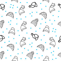 Vector background. Seamless pattern with winter hat. Warm winter hat in doodle style. Vector hand drawn illustration