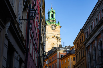 Various towers in the old town in Sweden; Different heights and religions towers rising high to the sky